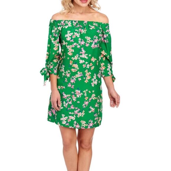 Vince Camuto Womens Floral Off the Shoulder 3/4 Sleeve Shift Dress Green 14 NWT - Picture 1 of 9